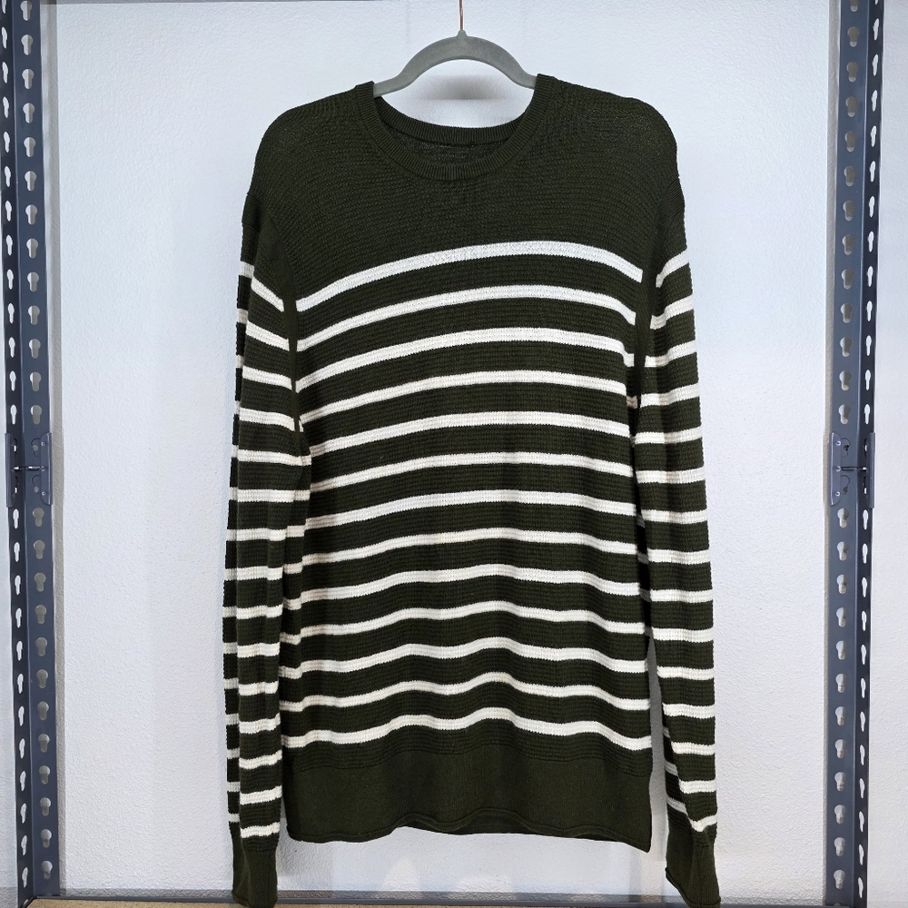 TODD SNYDER Merino Wool Sweater XL Striped Army Green White Long Sleeve Men's